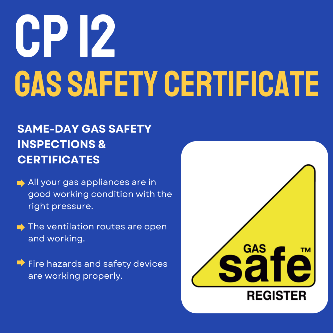 CP12 gas safety certificate graphic with the Gas Safe Register logo and same-day gas safety inspection points